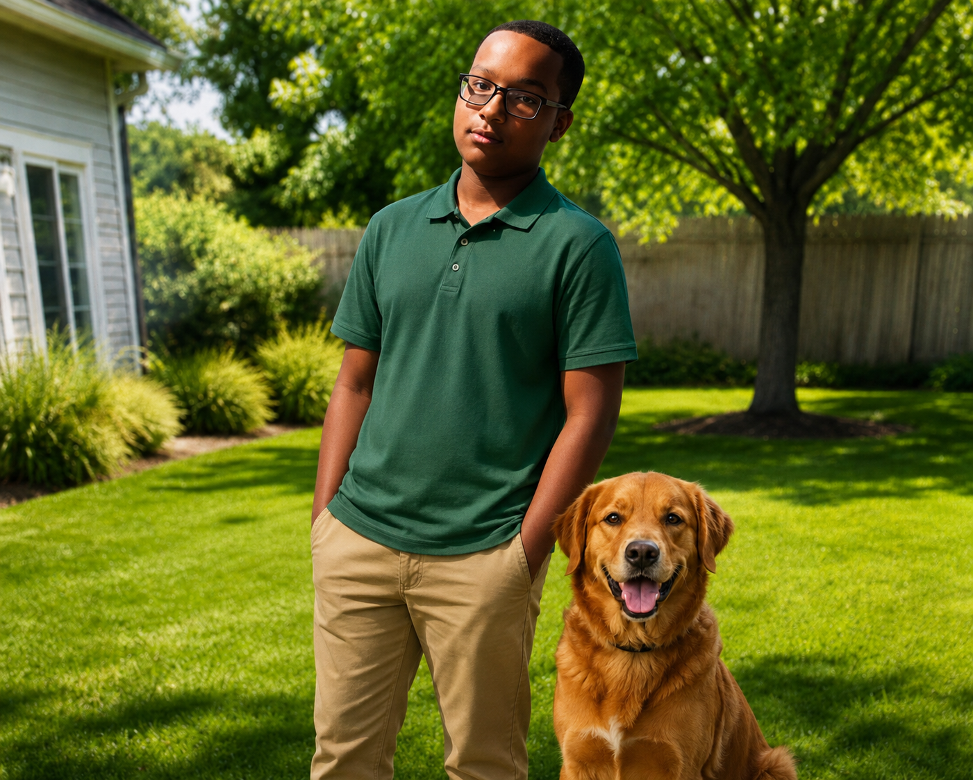 Devon, owner of Dev's Dog Scooping Services, smiling outdoors with a happy golden retriever in a green yard